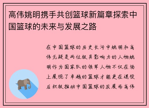 高伟姚明携手共创篮球新篇章探索中国篮球的未来与发展之路