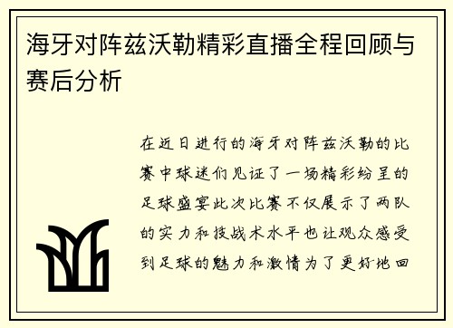 海牙对阵兹沃勒精彩直播全程回顾与赛后分析